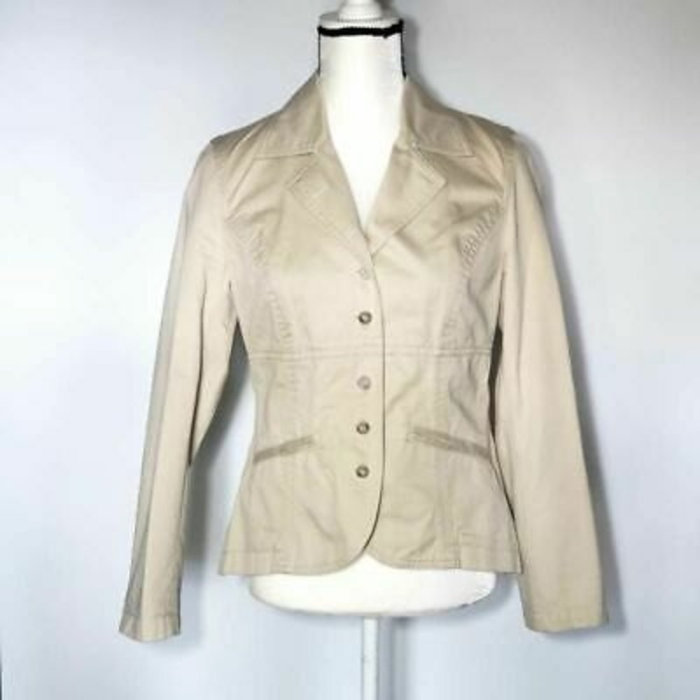 J.Jill Womens Suit Jacket Blazer Beige Faux Front Pockets Notch Lapel Buttons 6